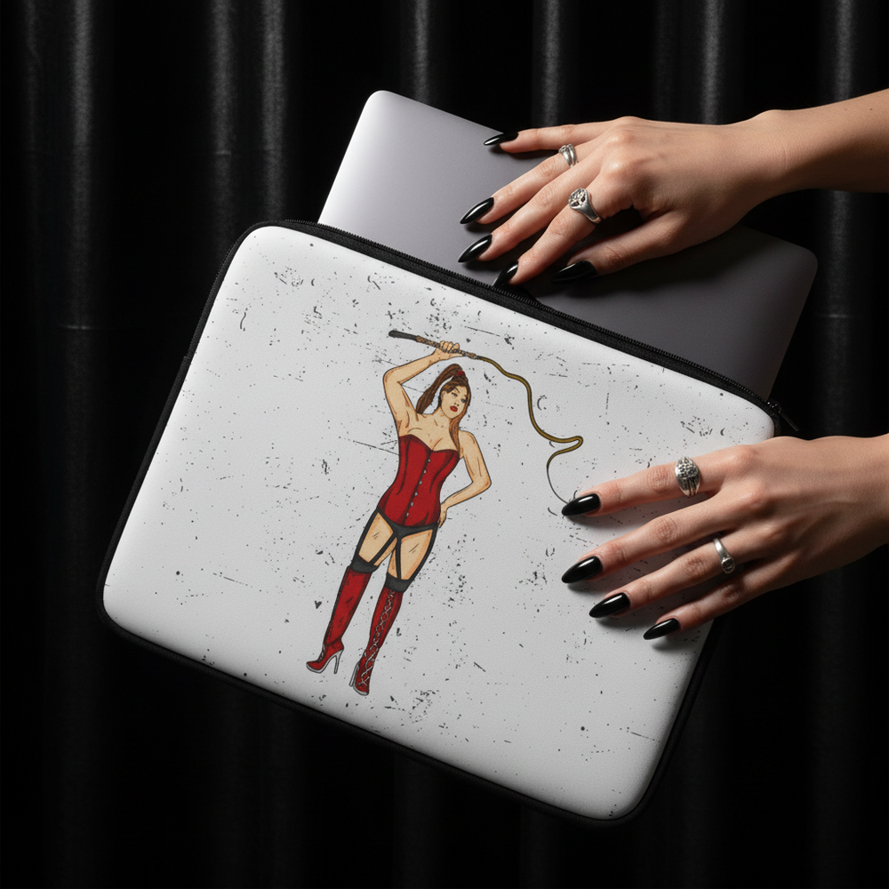 Dominatrix Laptop Sleeve, distressed white, with a femme in red corset, boots, and whip