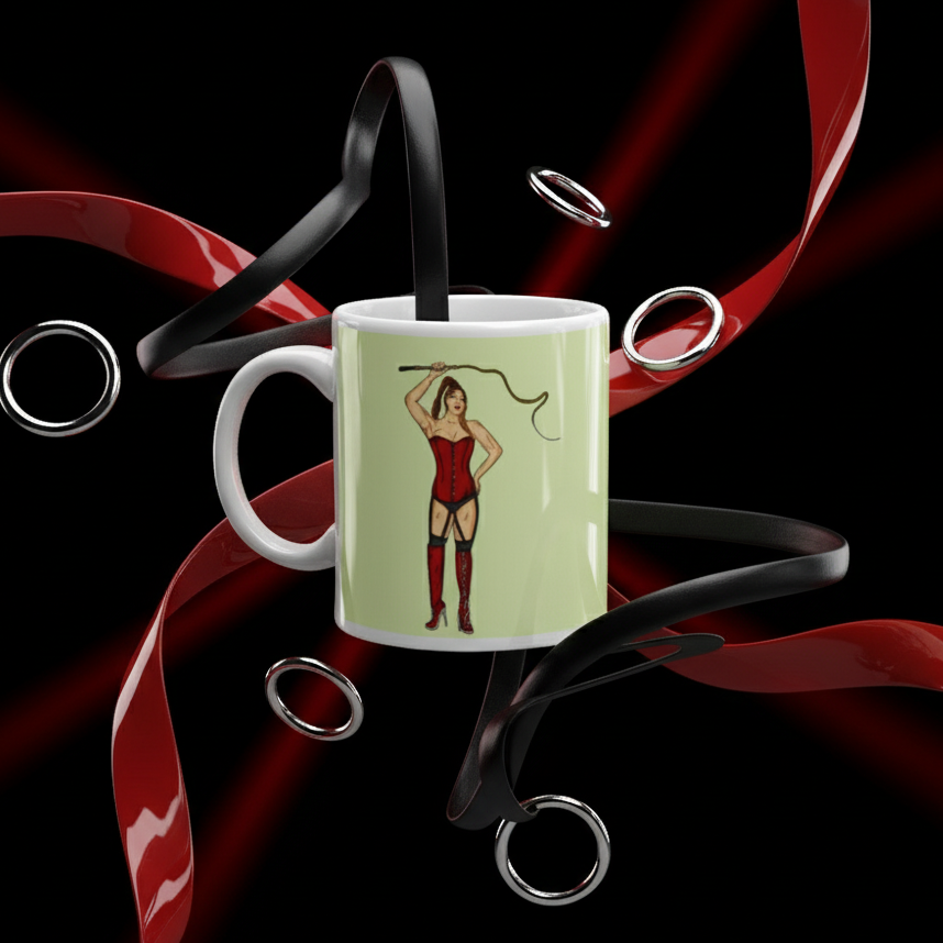 Light green mug with a woman in a red corset and thigh-high boots, surrounded by ribbons and rings