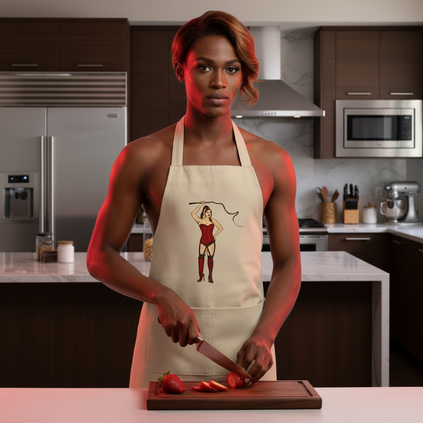 Model wearing a cream apron with a pinup dominatrix graphic while slicing strawberries