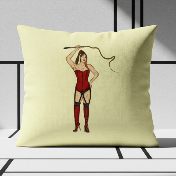 Pale yellow pillow featuring an illustrated woman in a red corset and thigh-high stockings holding a whip