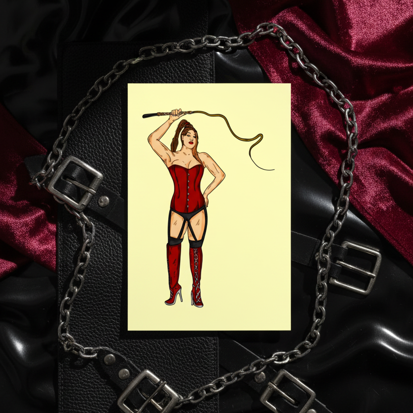 Dominatrix Postcard with a person in red corset, boots, and garters holding a whip, on pale yellow over black leather, chains