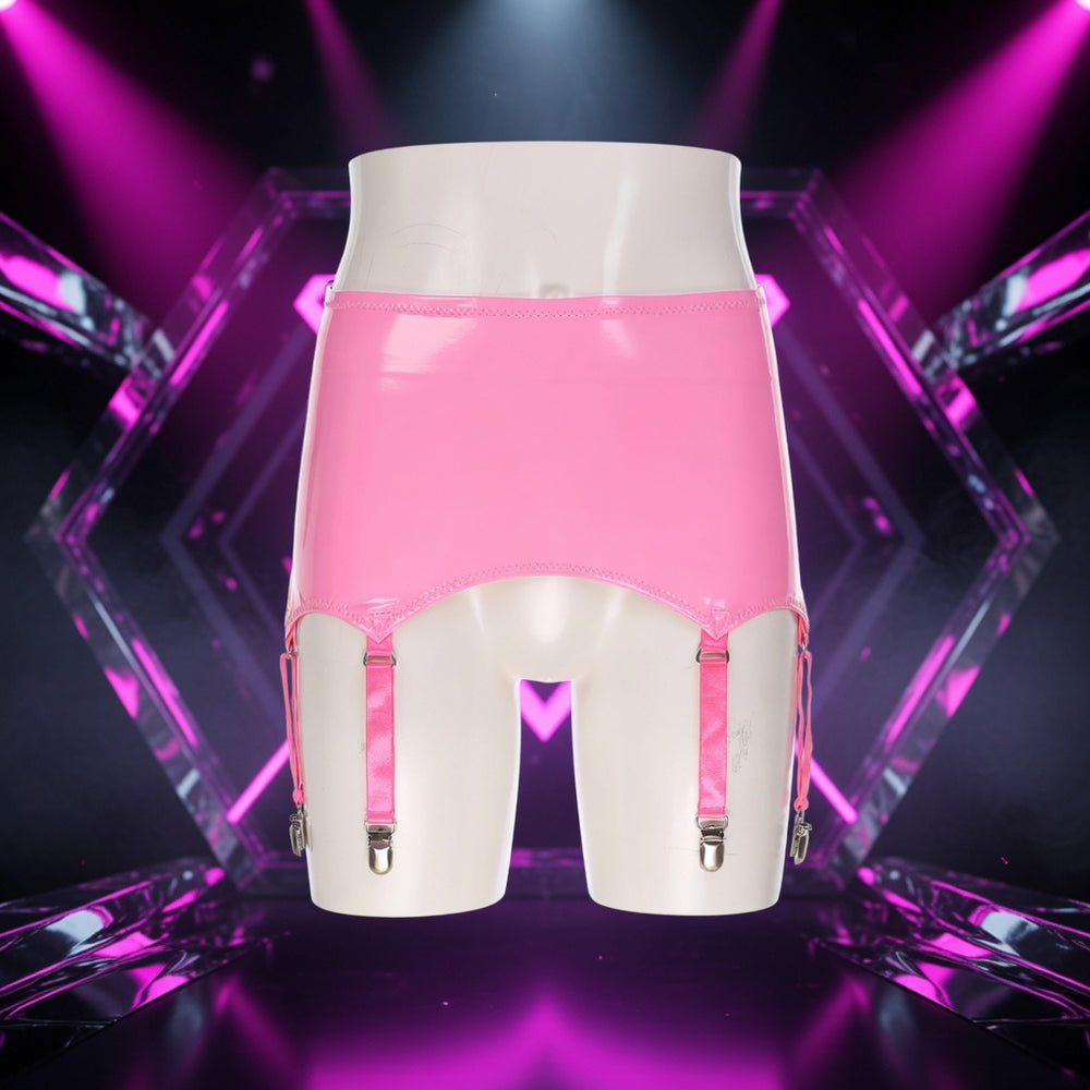 Glossy pink PU leather garters with four metal-clip straps on a white mannequin, backed by bold pink and purple neon lights.