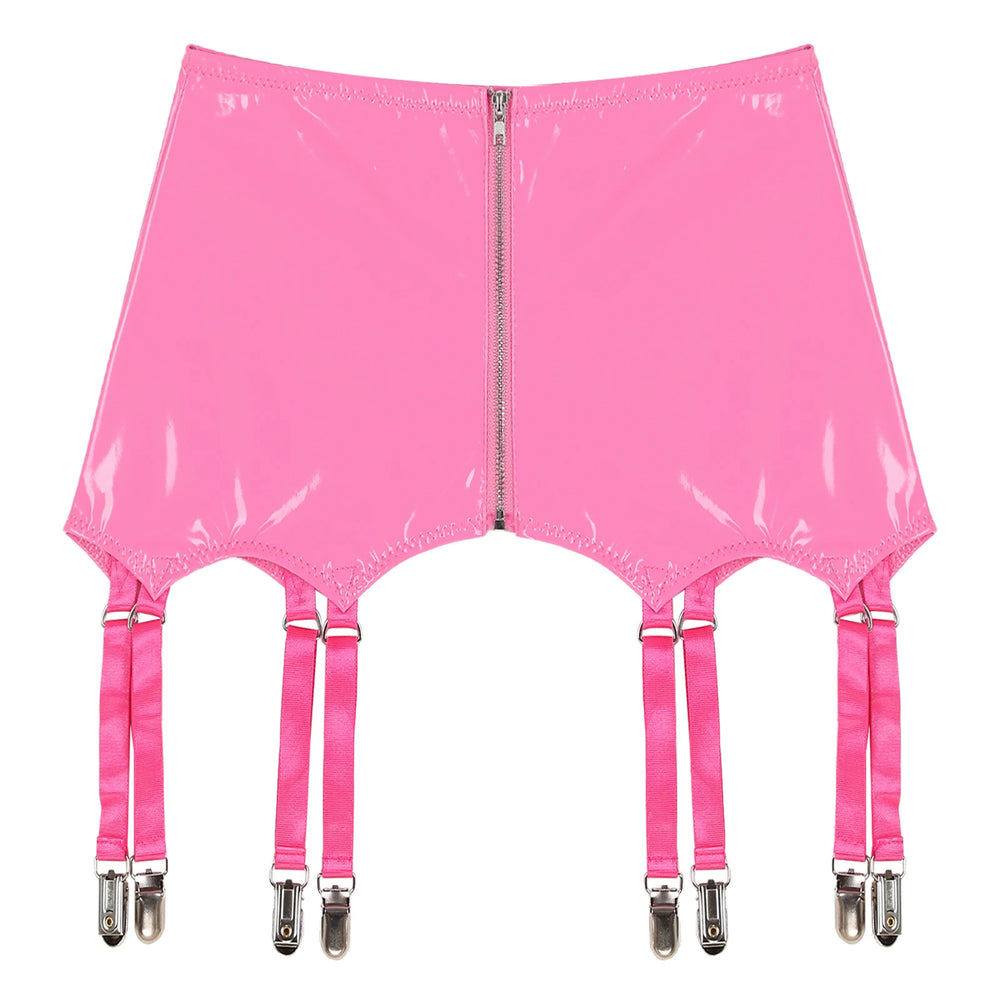 Flat-lay front view of a shiny hot-pink vinyl garter belt with a center zipper and six clip straps