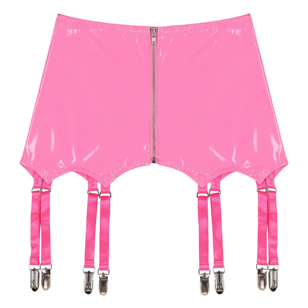 Flat-lay front view of a shiny hot-pink vinyl garter belt with a center zipper and six clip straps
