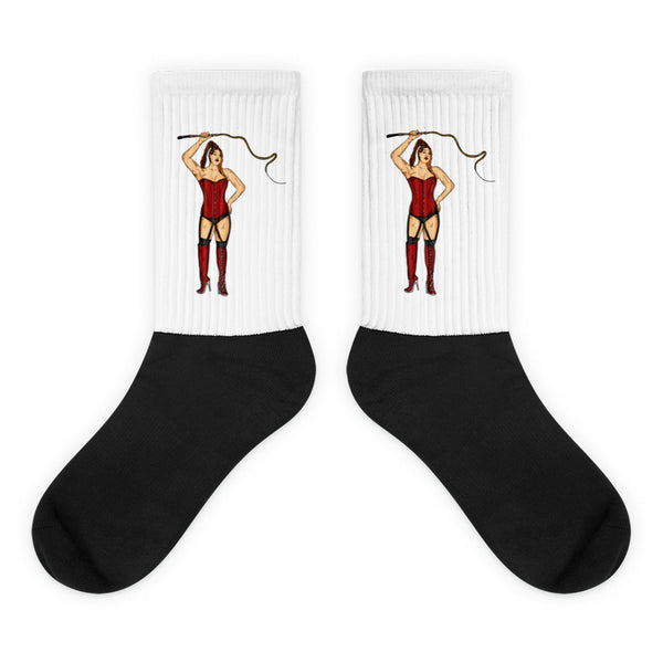 Pair of white-and-black socks with matching red-corseted dominatrix illustrations