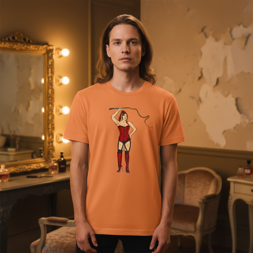 Dominatrix T-Shirt: soft cotton LGBT tee, long-haired person, graphic of person in red lingerie, whip, vintage room