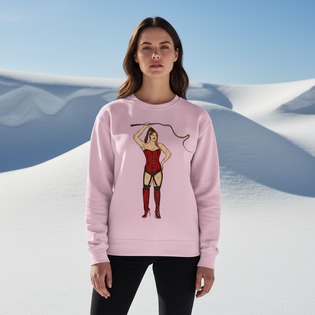 Front-facing model in a pink sweatshirt with a corseted dominatrix holding a whip graphic