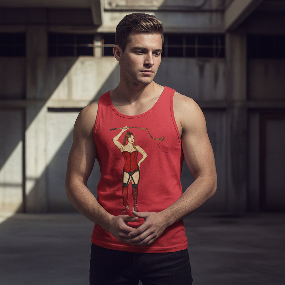 Dominatrix Unisex Tank Top featuring a pin-up graphic, worn by a young man serving queer looks in an industrial space.