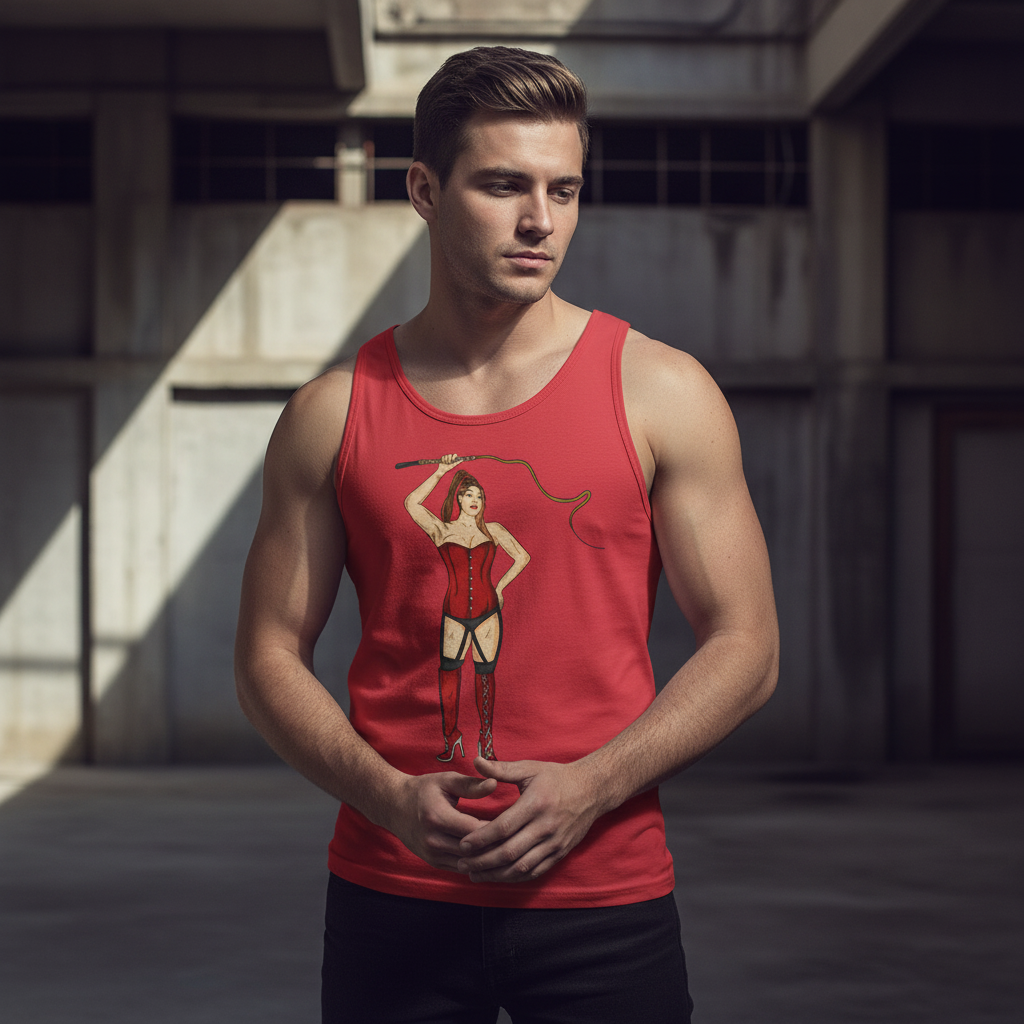 Dominatrix Unisex Tank Top featuring a pin-up graphic, worn by a young man serving queer looks in an industrial space.