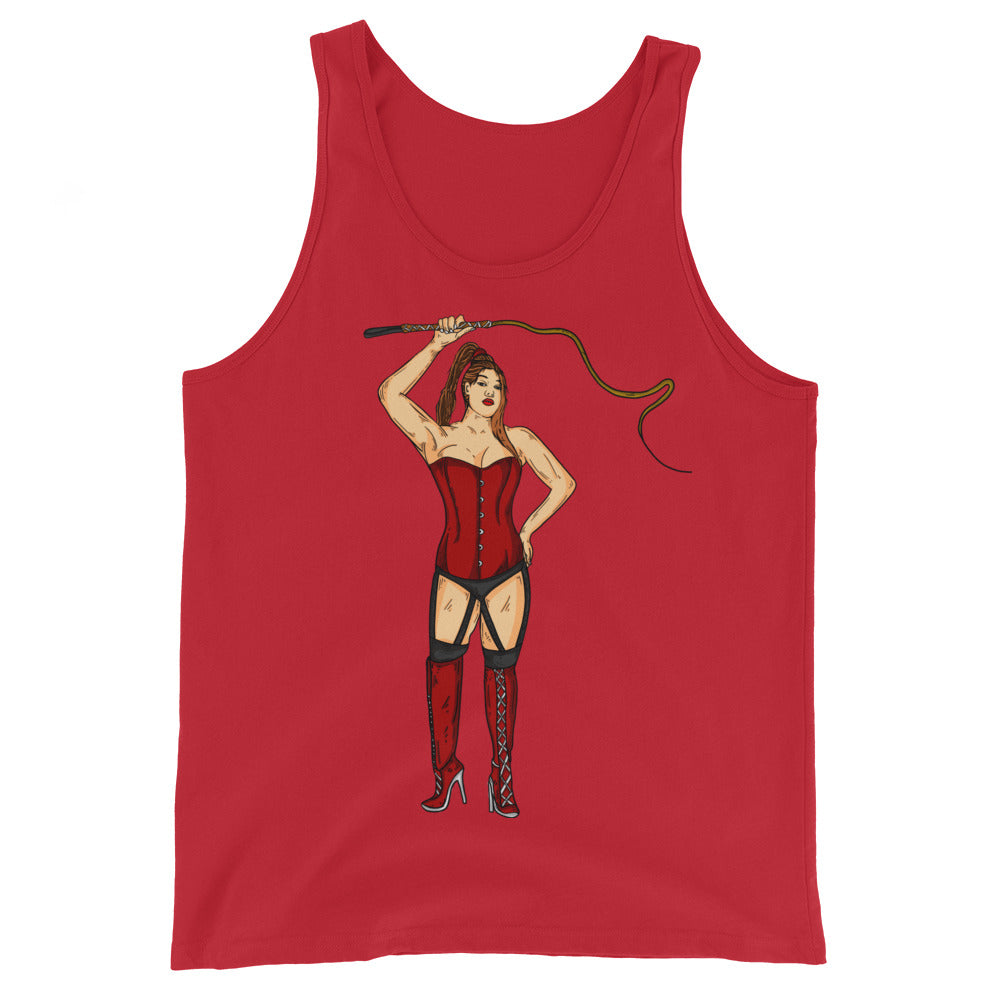 Red tank top with a vintage-style dominatrix illustration holding a whip
