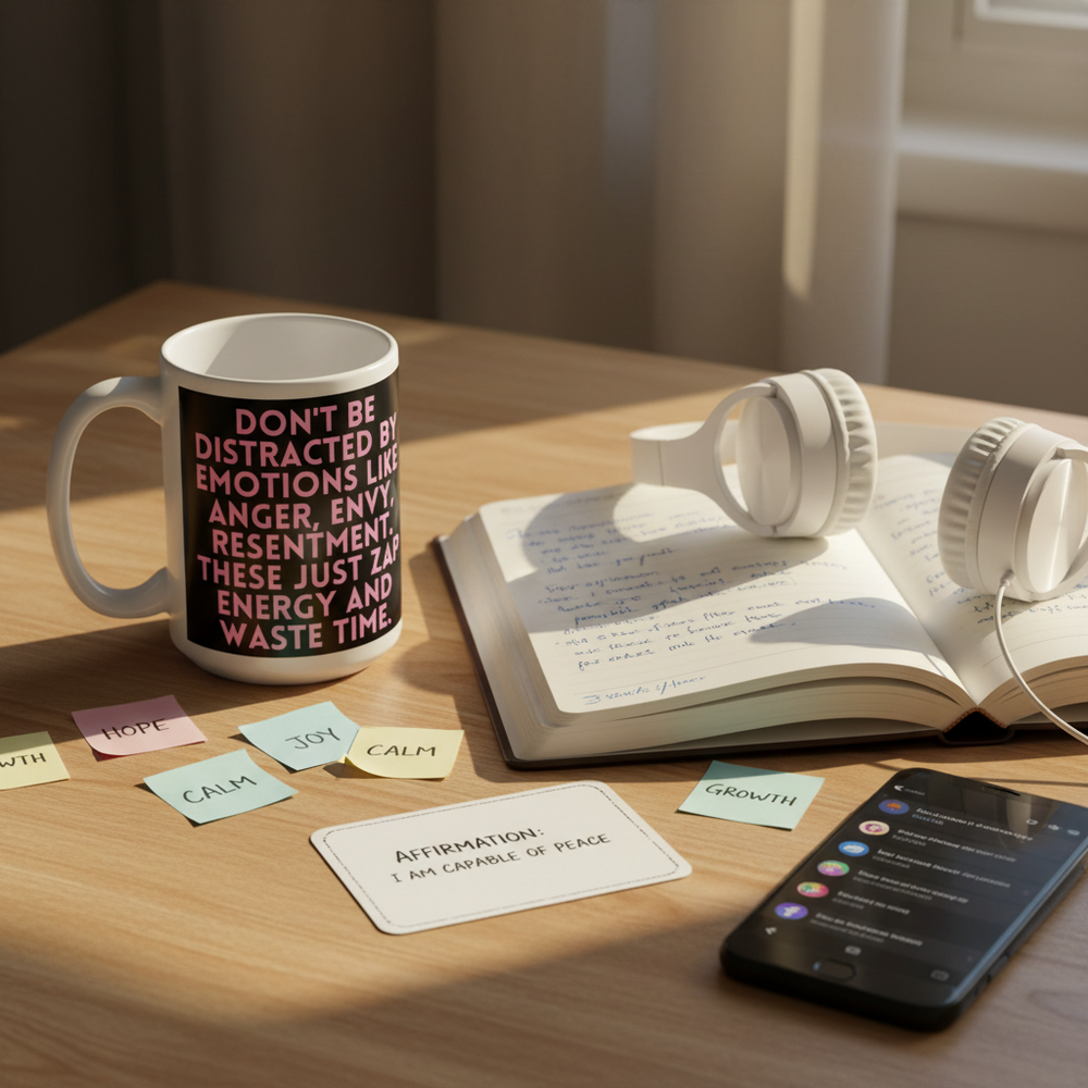 Black mug with pink “DON’T BE DISTRACTED BY EMOTIONS” text on a sunlit desk