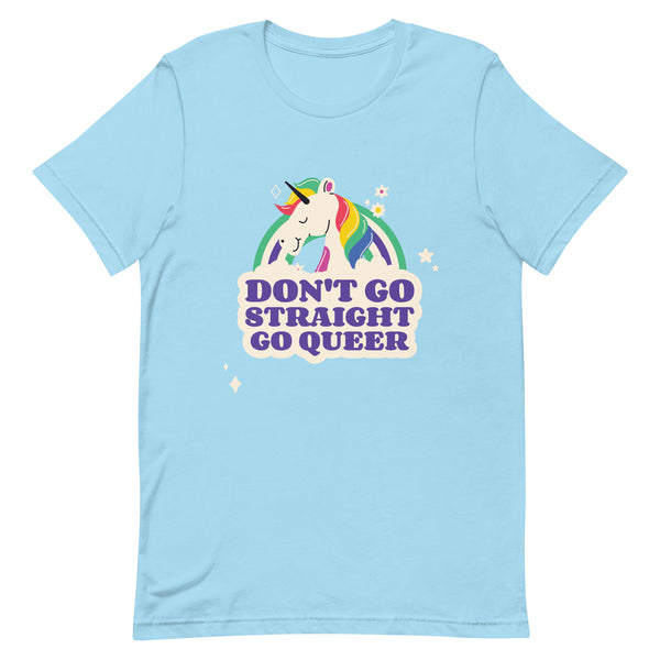 Front view of a light blue T-shirt with a rainbow-maned unicorn and “DON’T GO STRAIGHT GO QUEER” text