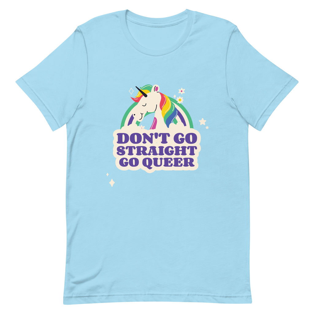 Front view of a light blue T-shirt with a rainbow-maned unicorn and “DON’T GO STRAIGHT GO QUEER” text