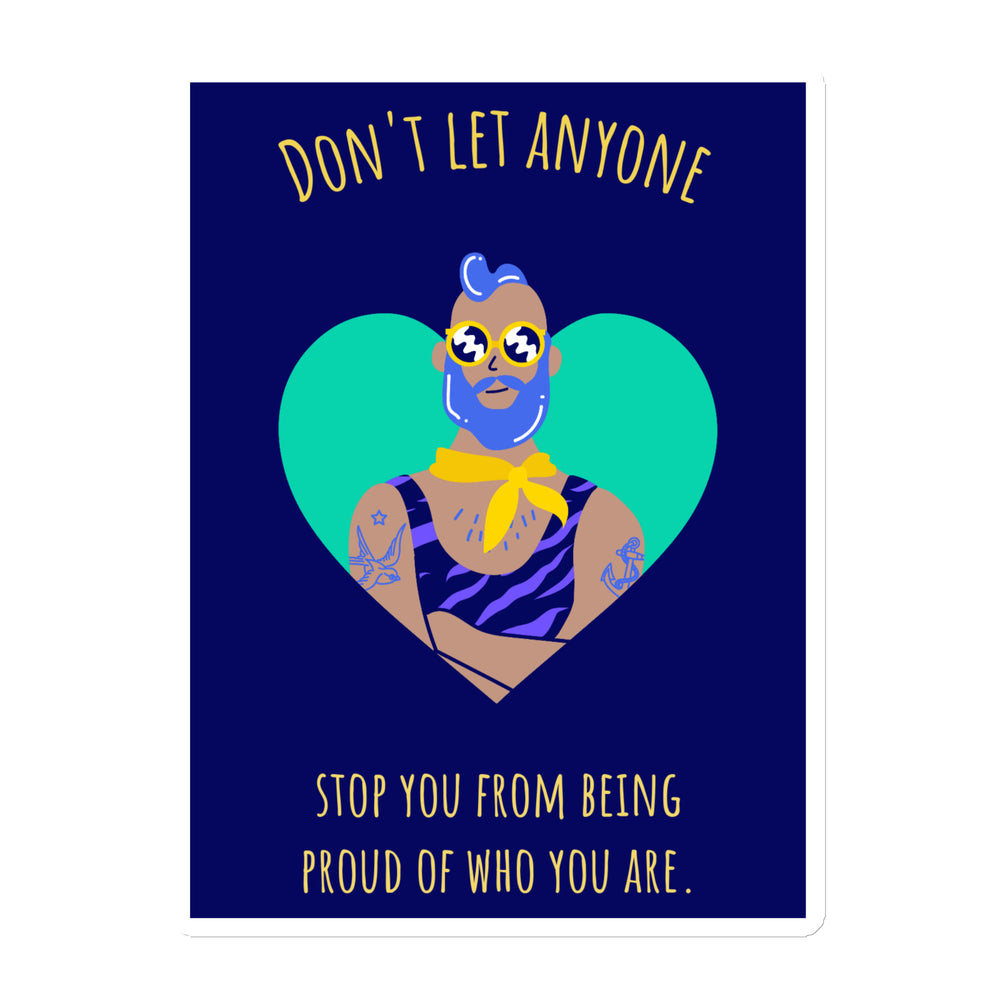 Pride magnet with a bearded figure in sunglasses inside a heart, with an affirmation