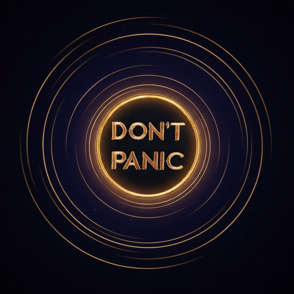 Round black embroidered patch with gold border and the words “DON’T PANIC”