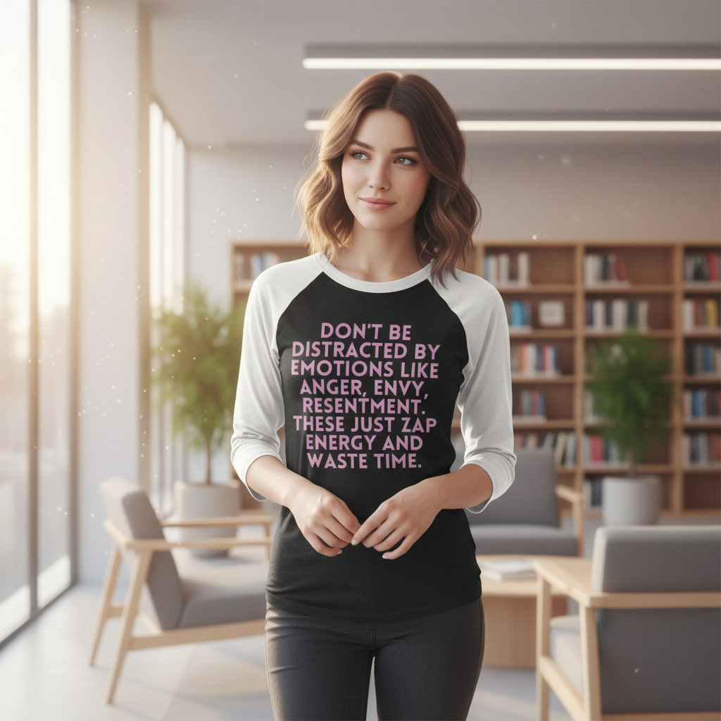 Don't Be Distracted By Emotions" 3/4 sleeve raglan shirt worn by a queer woman with wavy brown hair, smiling in a library.