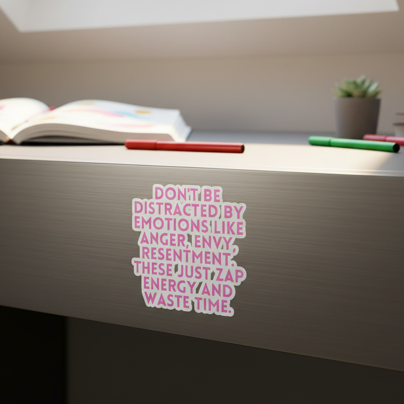 Don't Be Distracted By Emotions bubble-free sticker on a gray desk, with colorful pens, an open notebook