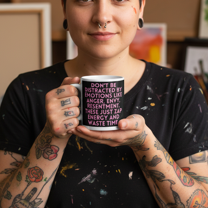 Tattooed person holds a black mug reading “DON’T BE DISTRACTED BY EMOTIONS LIKE ANGER, ENVY, RESENTMENT.”