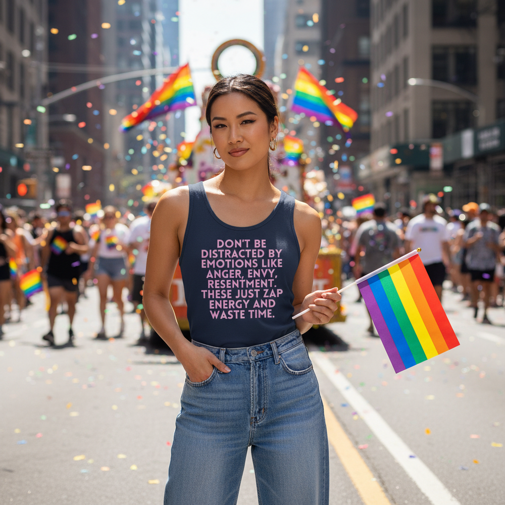 Don't Be Distracted By Emotions unisex tank top, worn by a jeans-clad person holding a rainbow flag