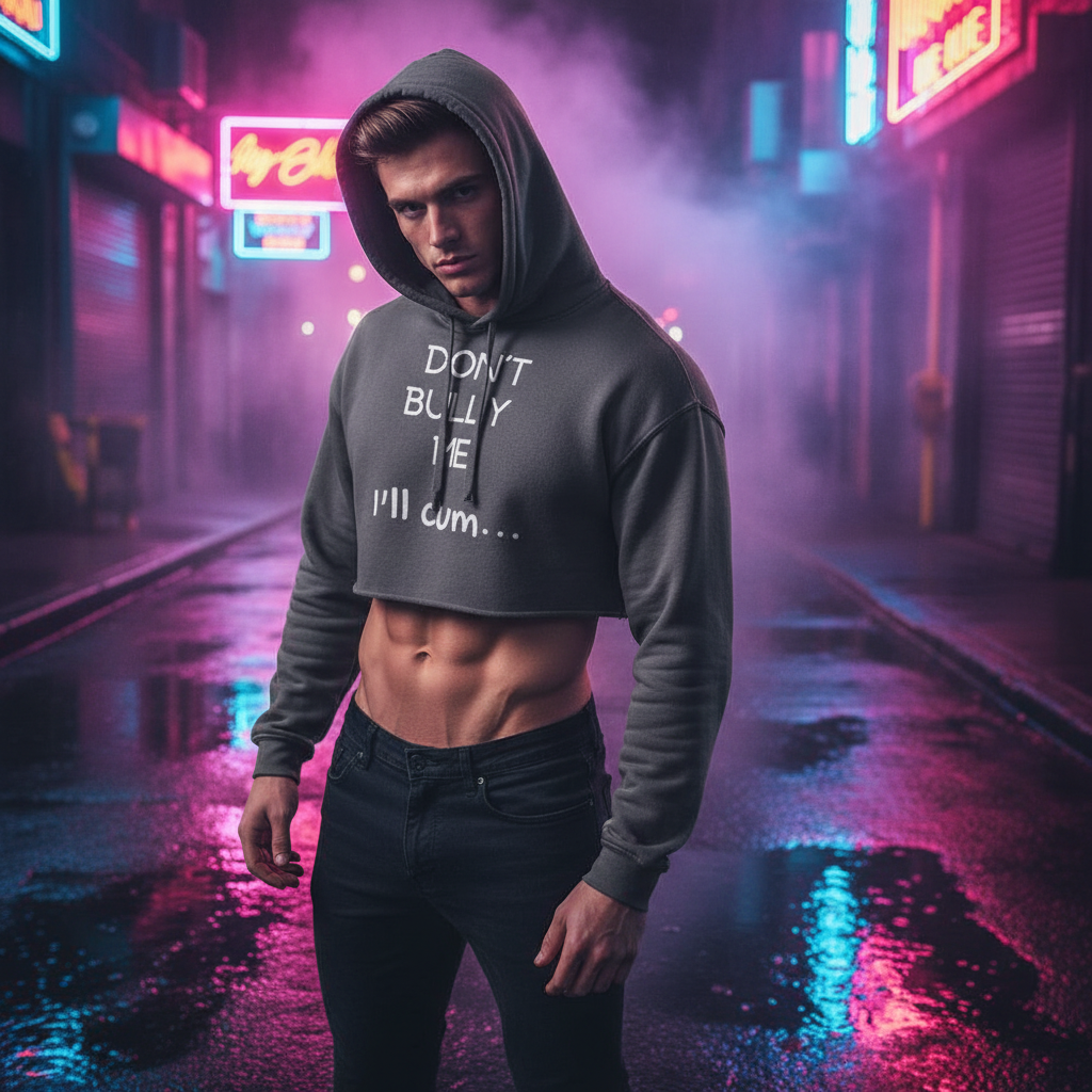 Don't Bully Me, I'll Cum crop hoodie on a fit person in neon-lit city at night, abs out in vibrant pink and blue queer glow