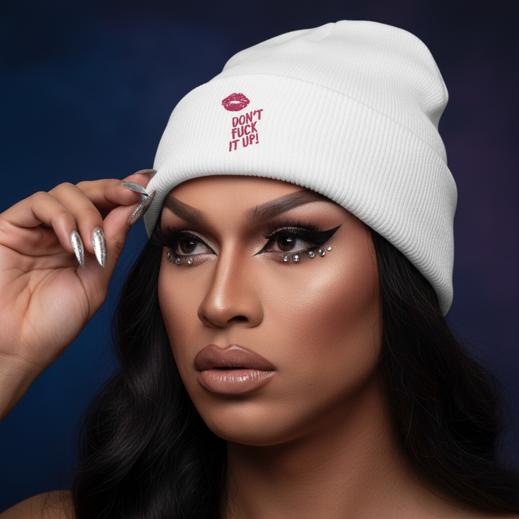Don't Fuck It Up! cuffed beanie with bold "Don't Fuck It Up!" and red lips graphic, worn by person; queer style
