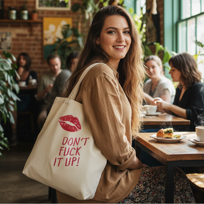 Eco tote bag with "Don't Fuck It Up!" slogan and pink lip print, held by a person at a café table