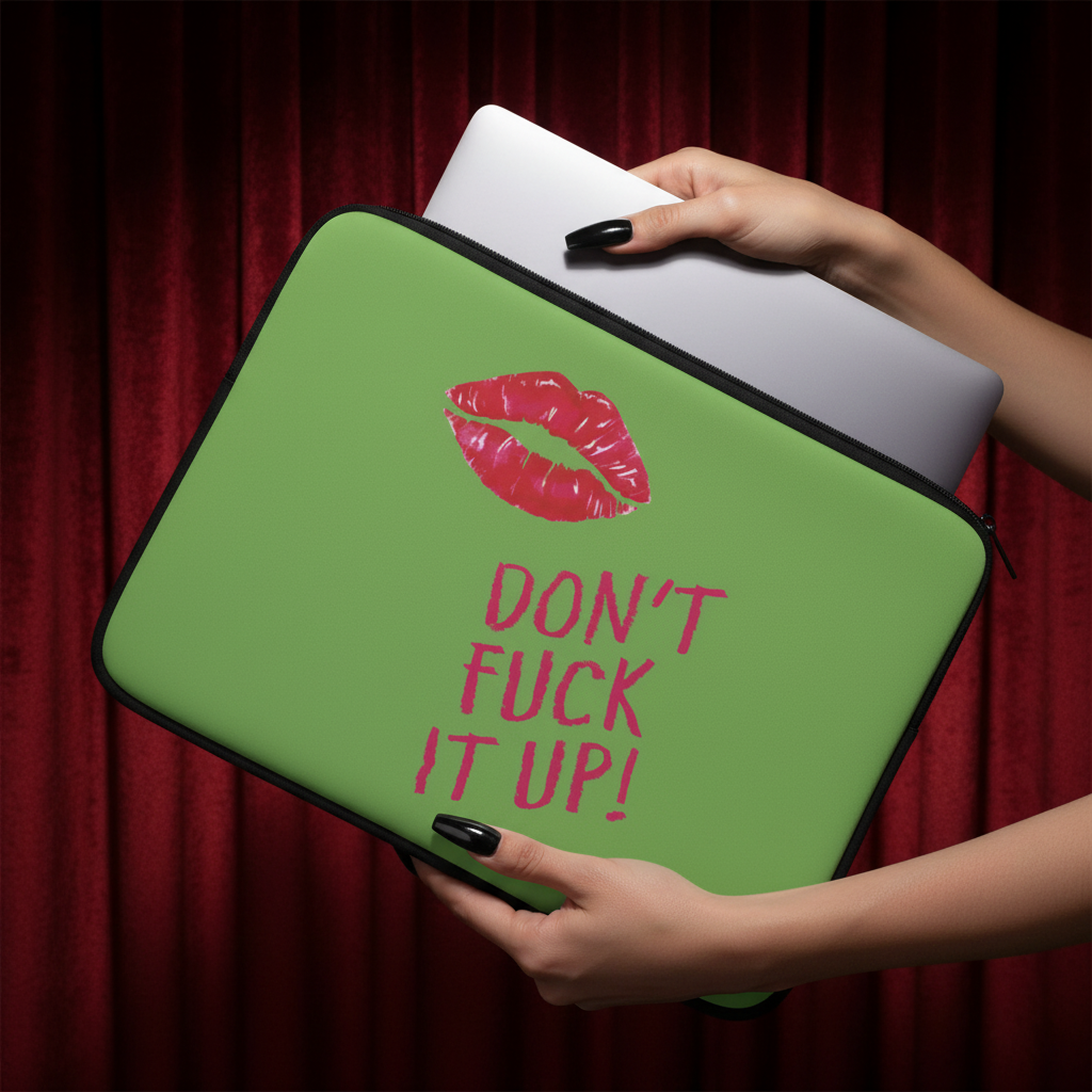Don't Fuck It Up! Laptop Sleeve with bold pink text and red lipstick print, held by a person with black nails
