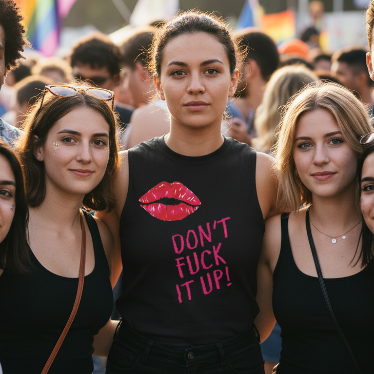 Don't Fuck It Up! muscle top with bold red lips graphic worn by a person at an outdoor event, surrounded by vibrant crowd