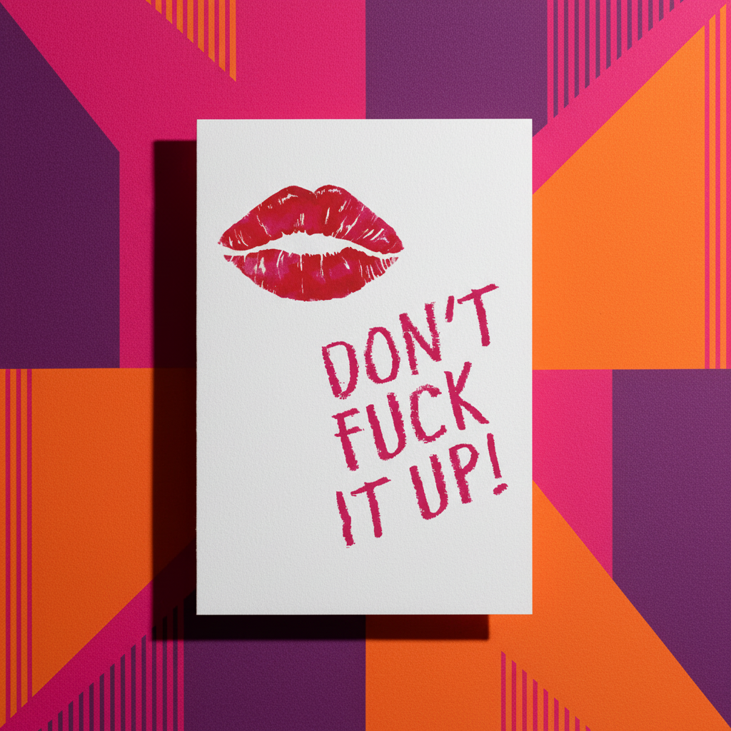 Postcard with "Don't Fuck It Up!" in bold pink on a white background, lipstick mark, and queer orange, pink