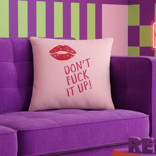 Don't Fuck It Up! Premium Pillow with pink cover, red lipstick print, and bold red text sits on a purple couch