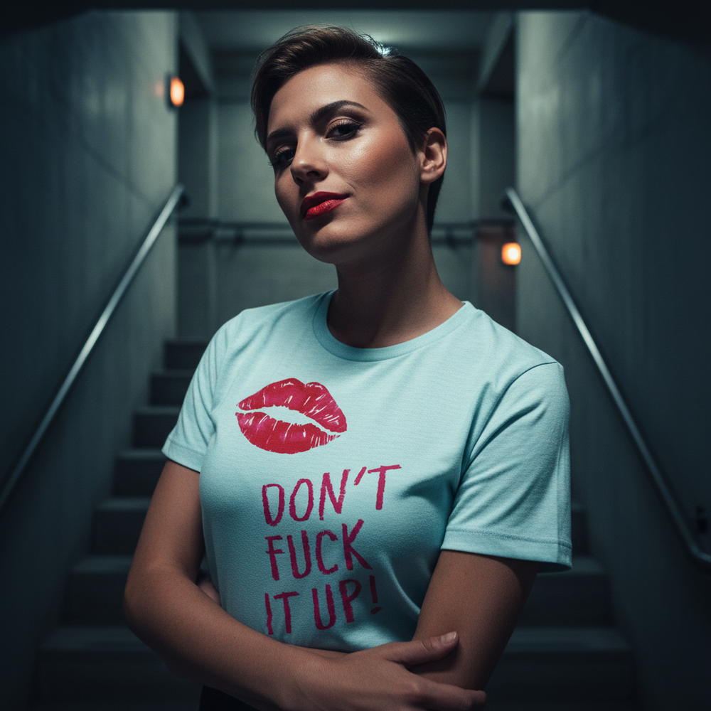 Don't Fuck It Up! T-shirt: light blue cotton, fierce red lipstick print, bold slogan