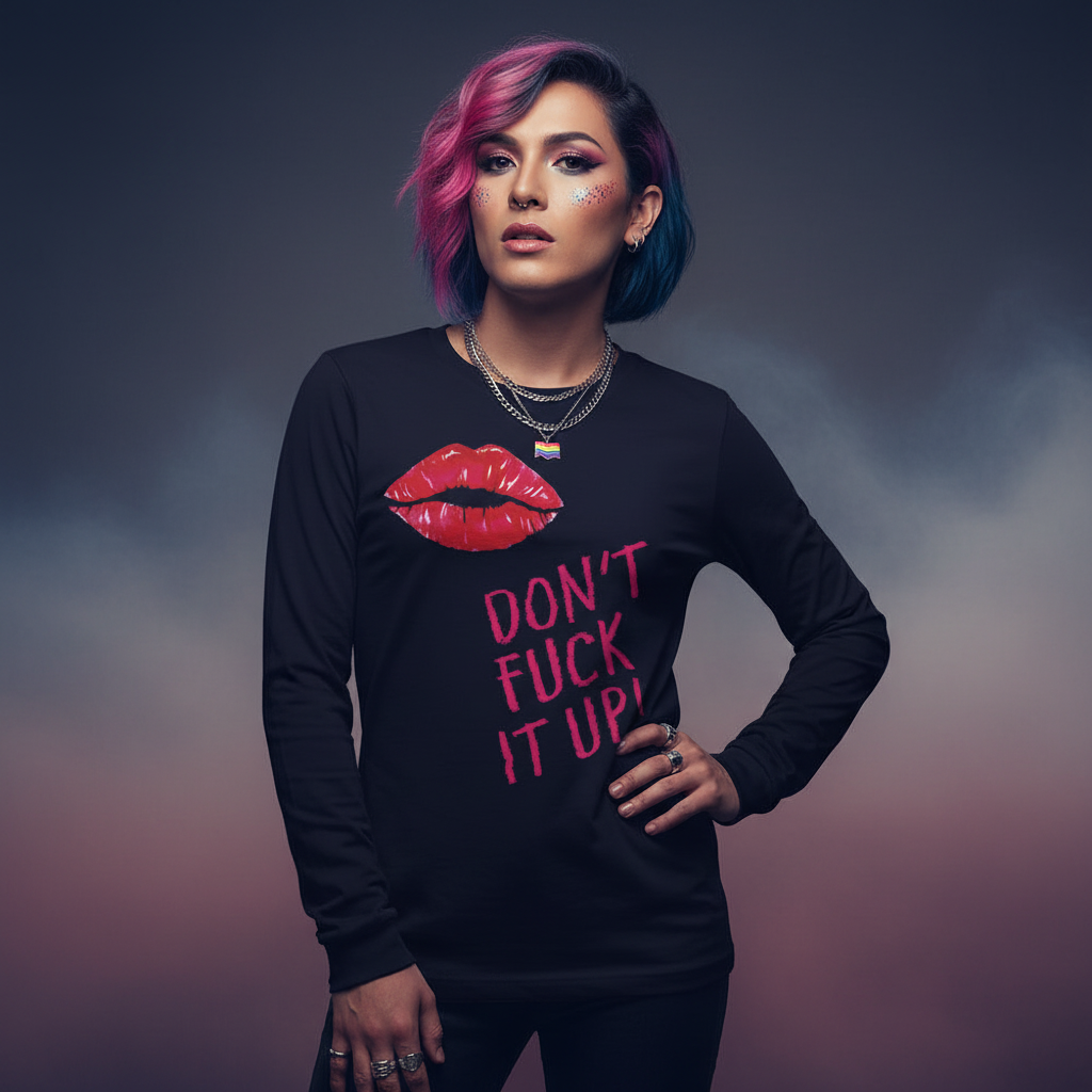 Unisex long sleeve black tee reads "Don't Fuck It Up!" with a red lipstick print