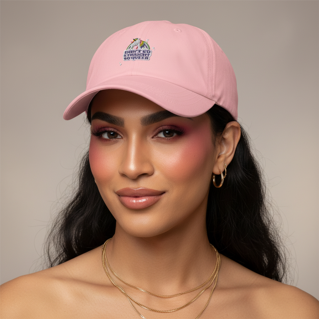 Light pink Don't Go Straight Go Queer Cap with colorful mountain logo and "Nature Explorer" text