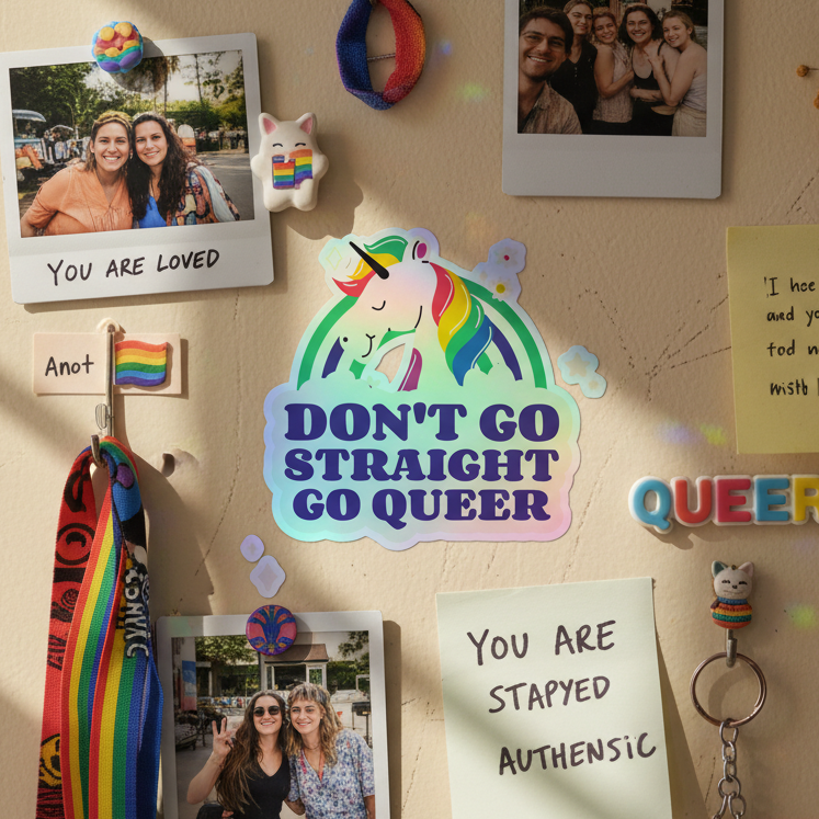 Corkboard decked in queer joy: rainbow pins, "Don't Go Straight Go Queer" holo stickers, unicorn, polaroids