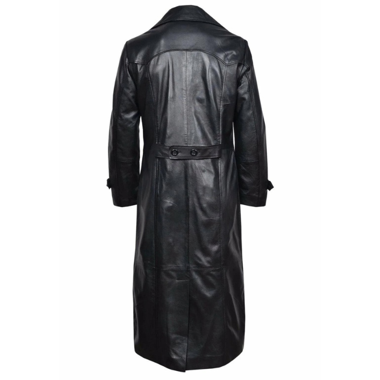 Back view of a long black PU leather trench coat with belt and buttoned cuffs