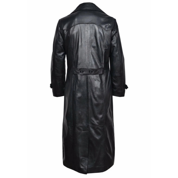 Back view of a long black PU leather trench coat with belt and buttoned cuffs