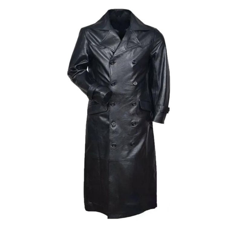 Front view of a long black double-breasted leather-look trench coat on a white background