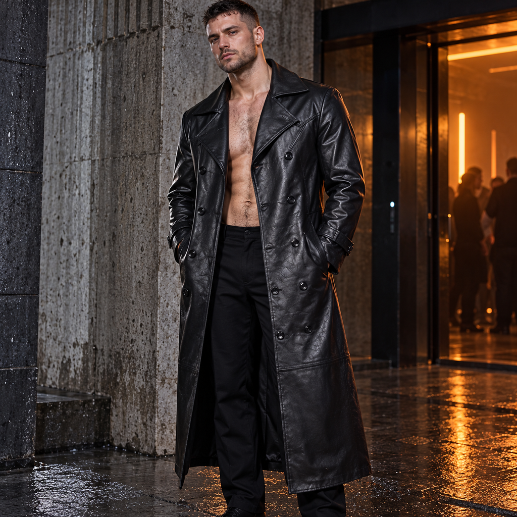Double Breasted PU Leather Trench Coat worn by a model.