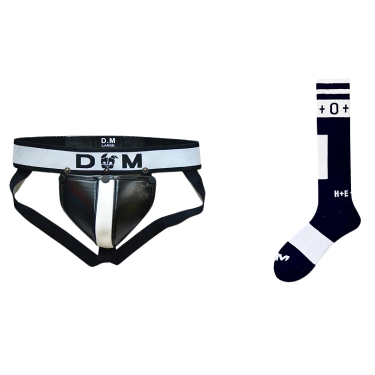 Front-facing black-and-white jockstrap beside a navy-and-white crew sock with printed symbols