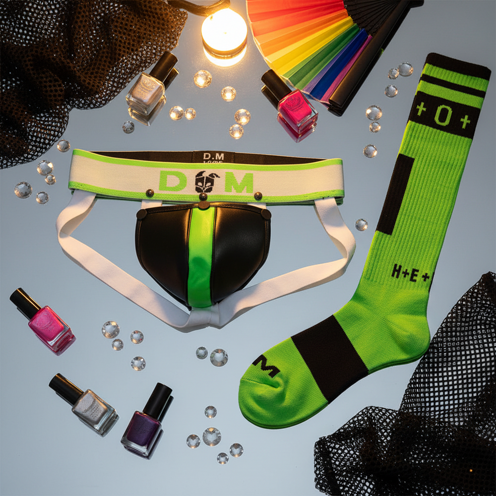 Flat lay of a black and neon-green thong with matching knee-high sock and accessories