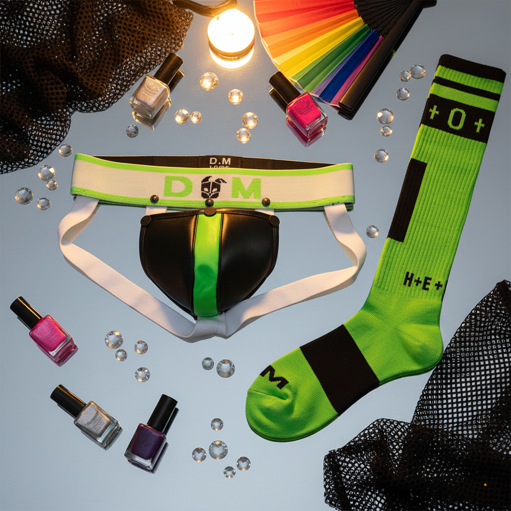 Flat lay of a black and neon-green thong with matching knee-high sock and accessories