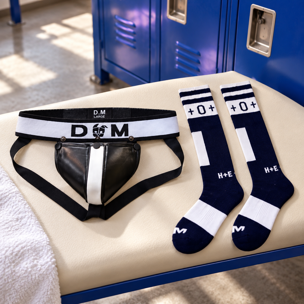 Black-and-white low-waist thong and a matching pair of navy-and-white long socks displayed on a locker-room bench.