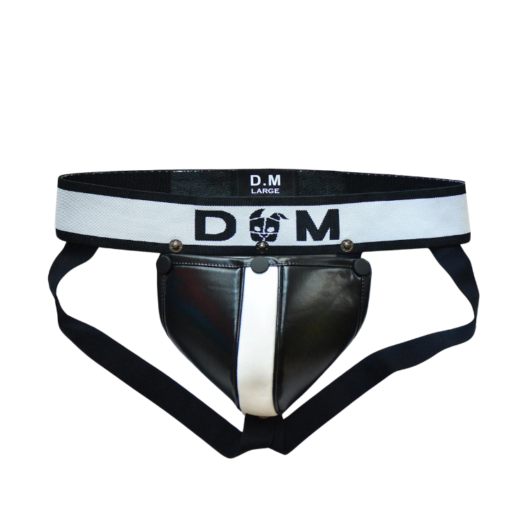 Front view of a black-and-white leather-look thong with a pouch and leg straps