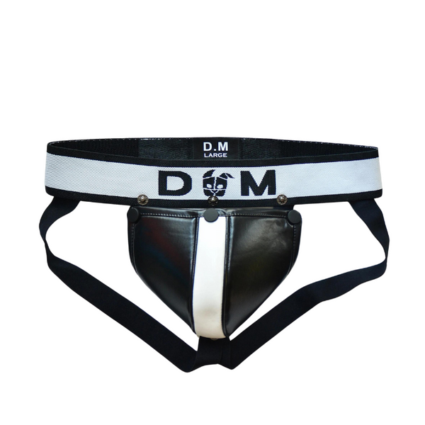 Front view of a black-and-white leather-look thong with a pouch and leg straps