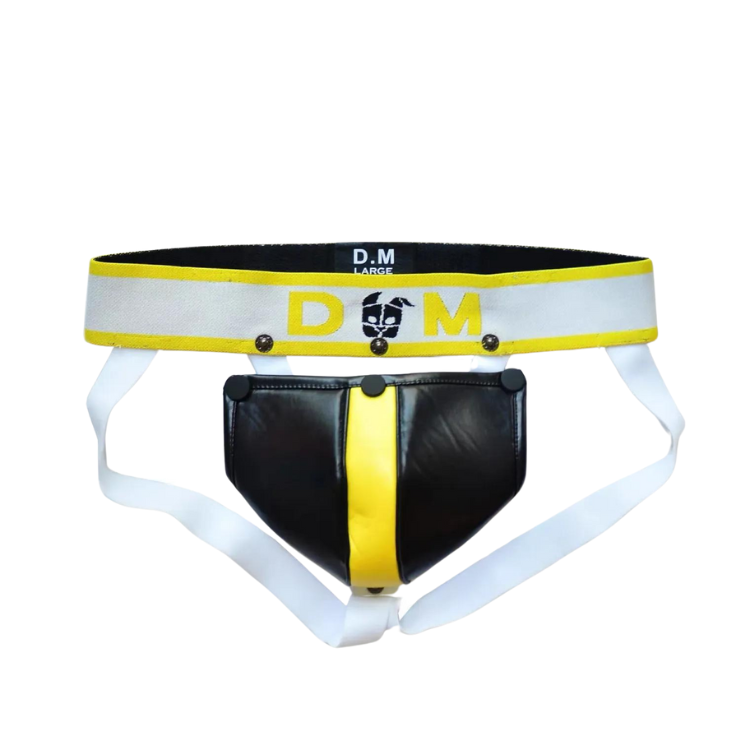 Front view of a black-and-yellow leather-look thong with white straps and D M waistband