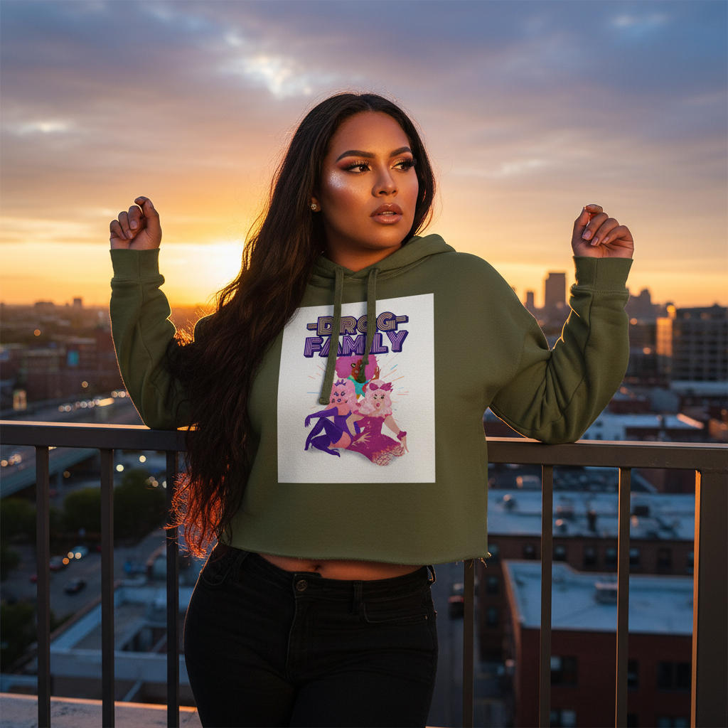Drag Family Crop Hoodie with a vibrant graphic, worn by a femme with long dark hair on a sunset city rooftop