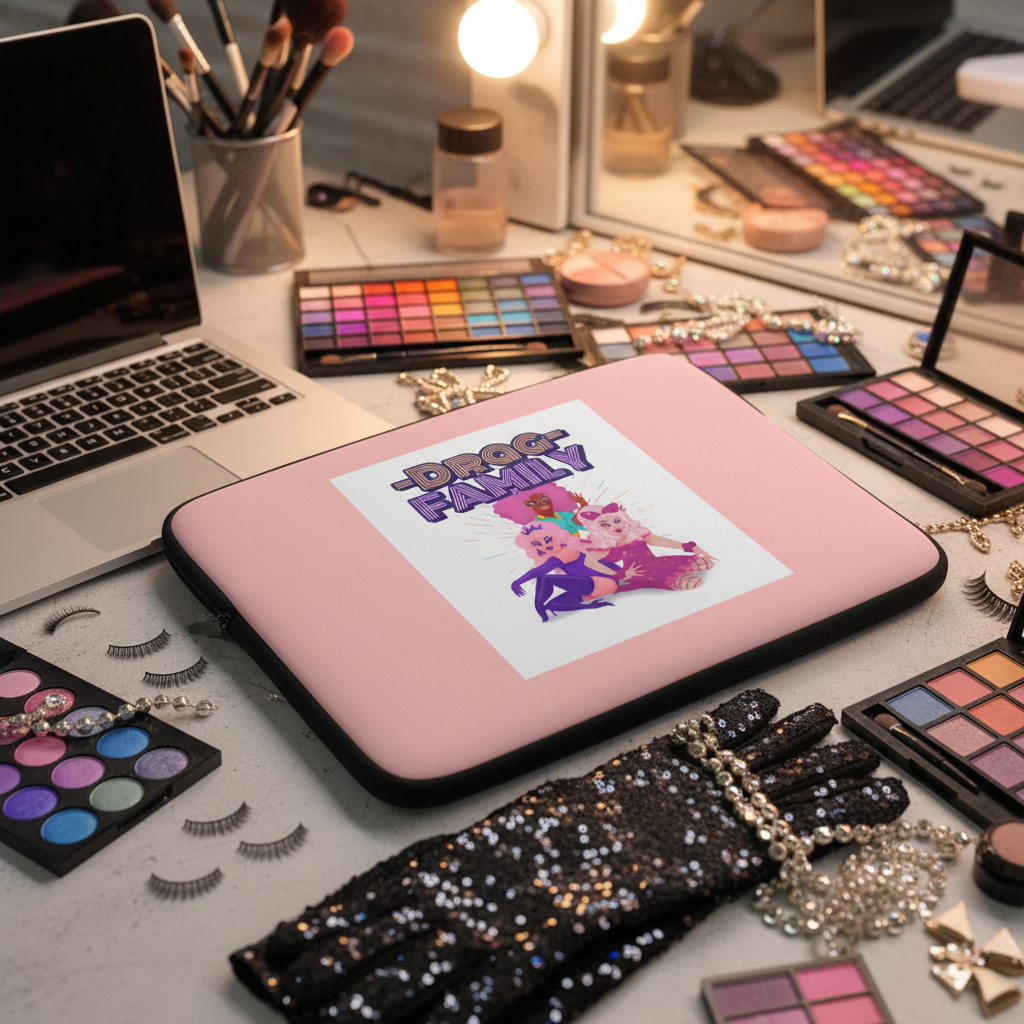 Drag Family Laptop Sleeve with cartoon drag queens pops on a vanity cluttered with makeup, brushes, jewelry