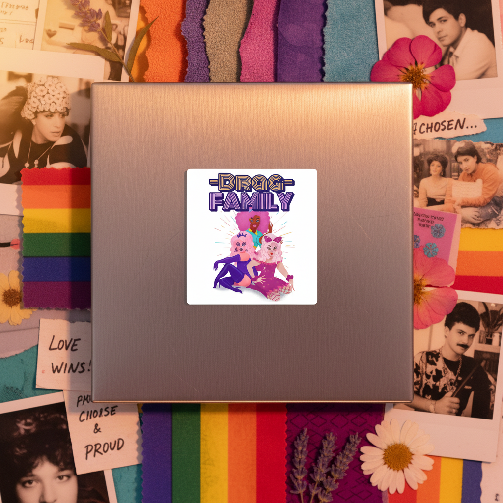 Drag Family Magnet on rainbow and trans pride flags, with polaroids, pressed flowers