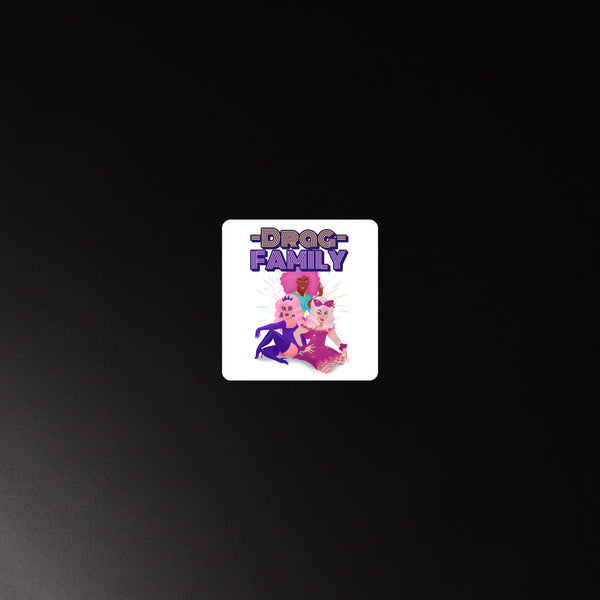White square magnet with three pink and purple cartoon dogs under bold purple 