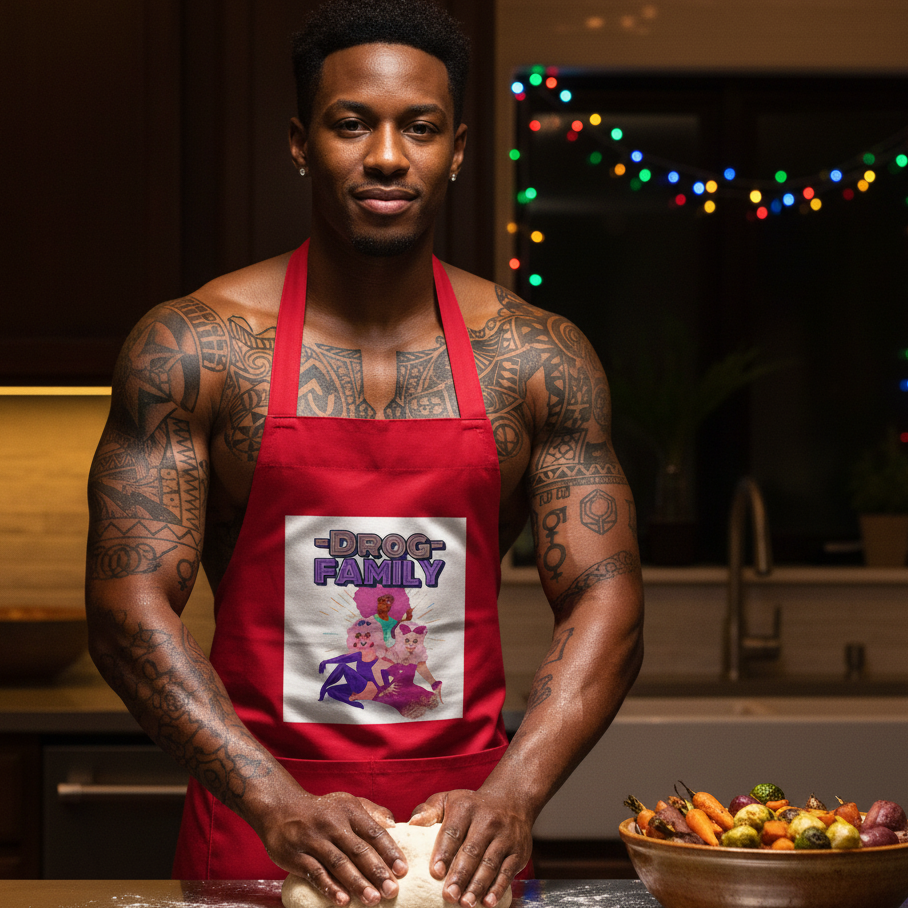 Shirtless tattooed person kneads dough wearing a red apron labeled “DRAG FAMILY.”